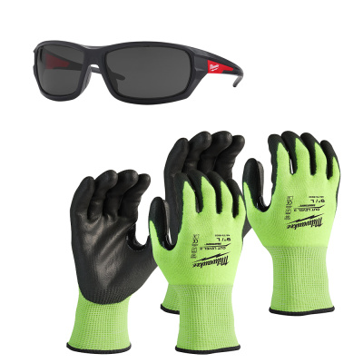 Набор 2 - Очки Milwaukee PERFORMANCE с покрытием AS/AF (затемненные) + 2 пары перчаток Milwaukee сигнальные с уровнем сопротивления порезам 3
