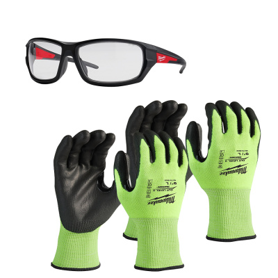 Набор 1 - Очки Milwaukee PERFORMANCE с покрытием AS/AF (бесцветные) + 2 пары перчаток Milwaukee сигнальные с уровнем сопротивления порезам 3